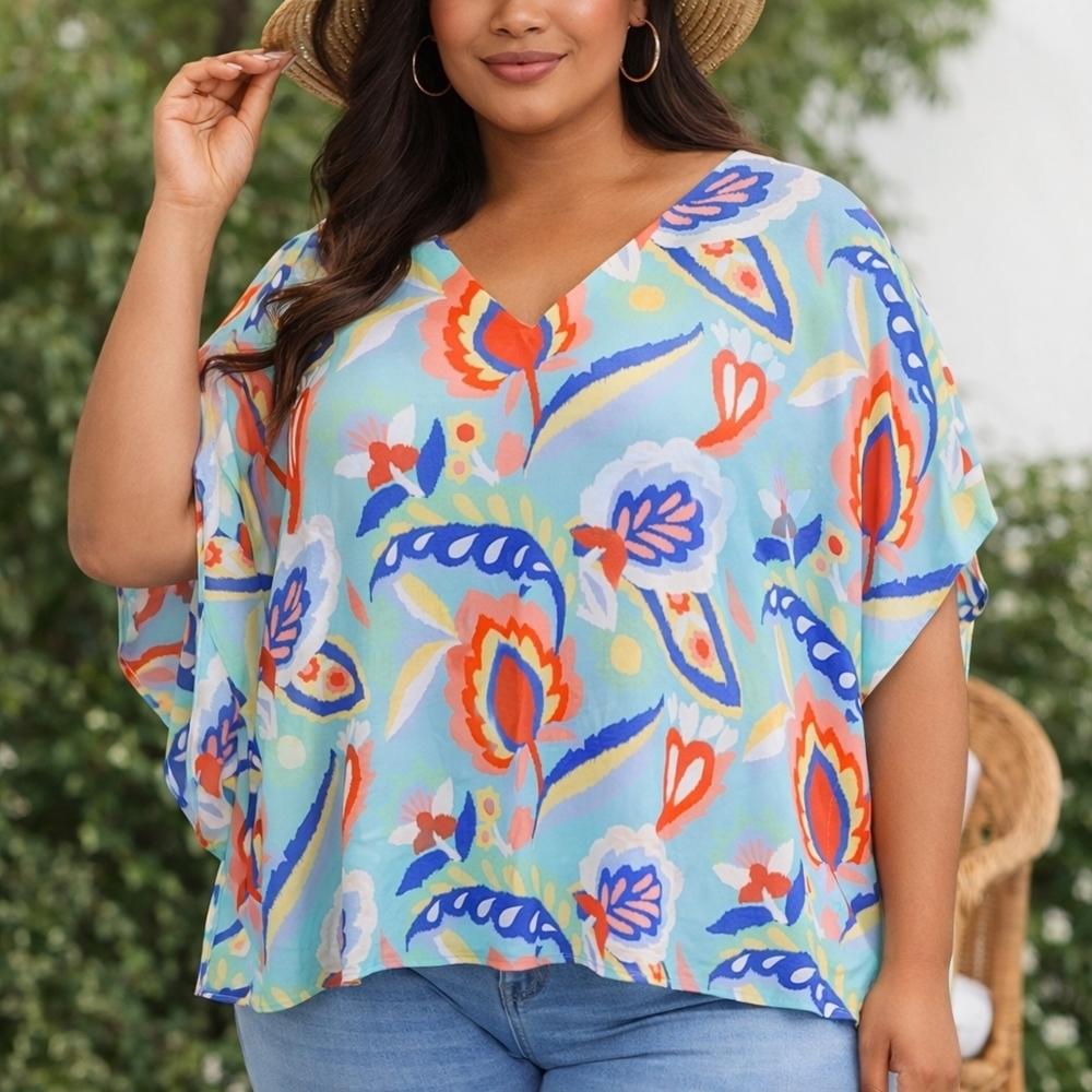 First Love Lovelyn 3X Colorful Floral Blouse Batwing Sleeve V Neck Boho Top